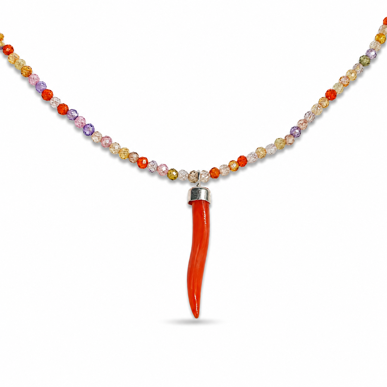 Collana con Cristalli di Zircone Multicolor Faccetta in Argento 925 con Cornetto Portafortuna di Corallo rosso