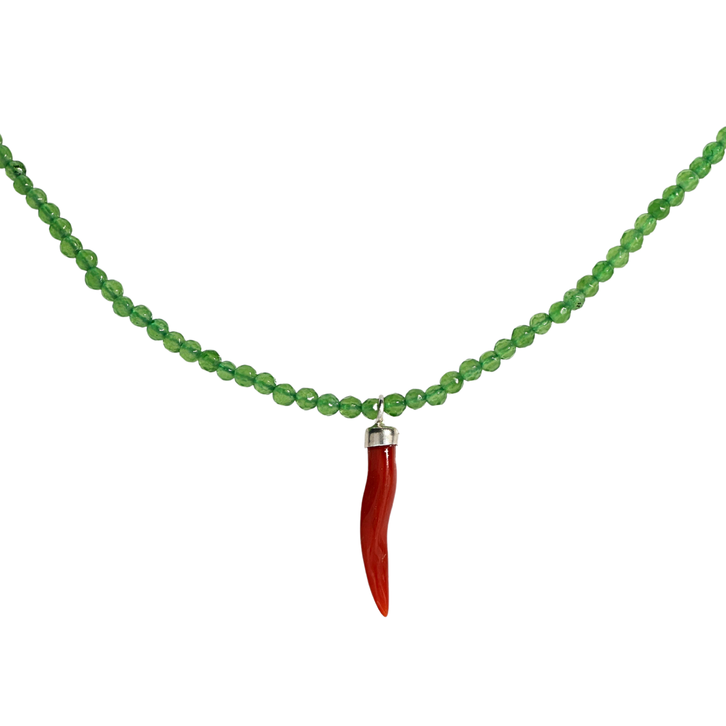 Collana con Cristalli di Giada Faccetta in Argento 925 con Cornetto Portafortuna di Corallo rosso
