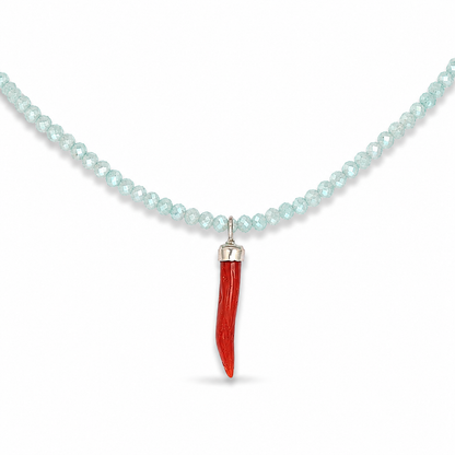 Collana con Cristalli di Amazzonite Faccetta in Argento 925 con  Cornetto Portafortuna di Corallo rosso