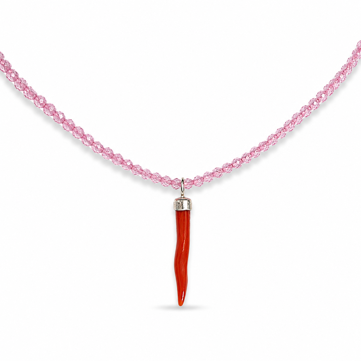 Collana con Cristalli di Zircone Rosa Faccetta in Argento 925 con  Cornetto Portafortuna di Corallo rosso