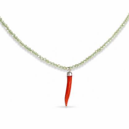 Collana con Cristalli di Zircone Lemon  in Argento 925 con  Cornetto Portafortuna di Corallo rosso