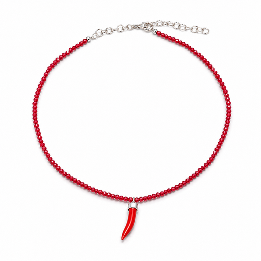 Collana con Cristalli di Rubino Monocristallo Faccetta in Argento 925 con  Cornetto Portafortuna di Corallo rosso