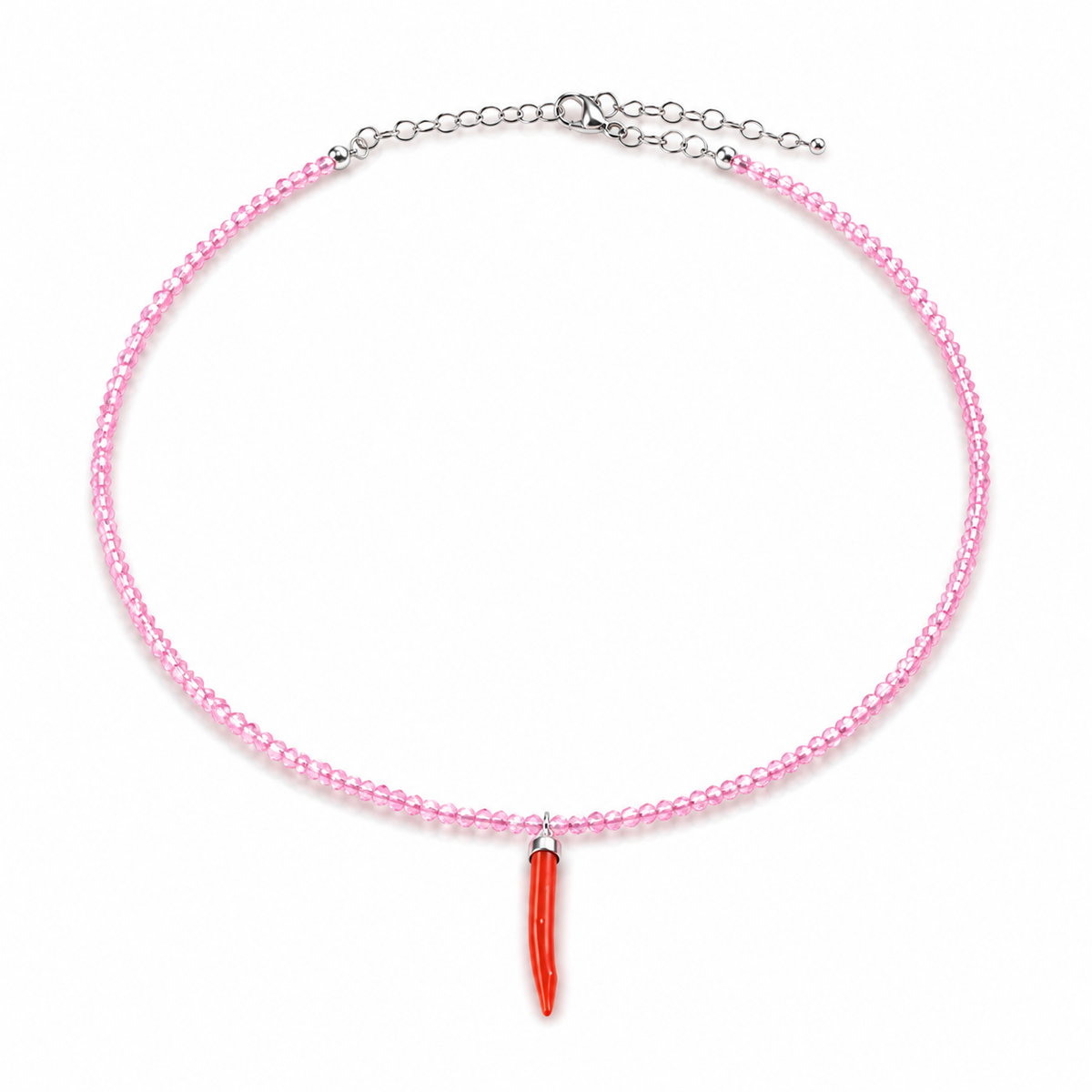 Collana con Cristalli di Zircone Rosa Faccetta in Argento 925 con  Cornetto Portafortuna di Corallo rosso