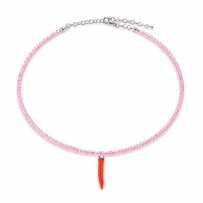 Collana con Cristalli di Zircone Rosa Faccetta in Argento 925 con  Cornetto Portafortuna di Corallo rosso