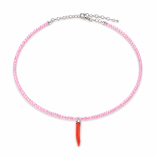 Collana con Cristalli di Zircone Rosa Faccetta in Argento 925 con  Cornetto Portafortuna di Corallo rosso
