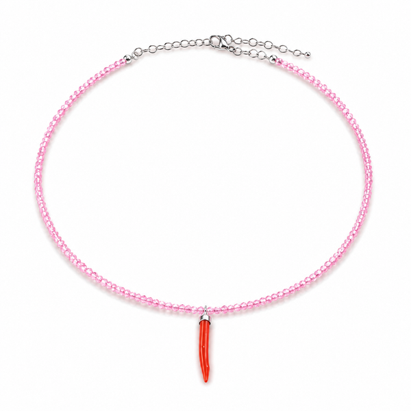 Collana con Cristalli di Zircone Rosa Faccetta in Argento 925 con  Cornetto Portafortuna di Corallo rosso