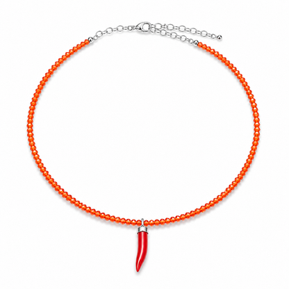Collana con Cristalli di Zircone Faccetta in Argento 925 con  Cornetto Portafortuna di Corallo rosso
