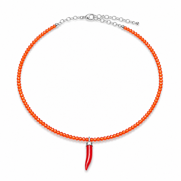 Collana con Cristalli di Zircone Faccetta in Argento 925 con  Cornetto Portafortuna di Corallo rosso