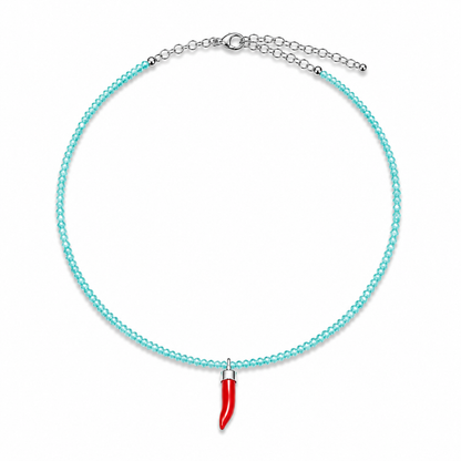Collana con Cristalli di Amazzonite Faccetta in Argento 925 con  Cornetto Portafortuna di Corallo rosso