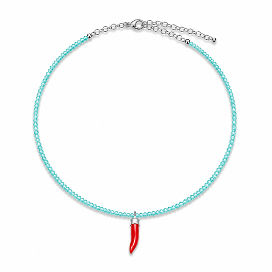 Collana con Cristalli di Amazzonite Faccetta in Argento 925 con  Cornetto Portafortuna di Corallo rosso