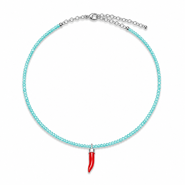 Collana con Cristalli di Amazzonite Faccetta in Argento 925 con  Cornetto Portafortuna di Corallo rosso