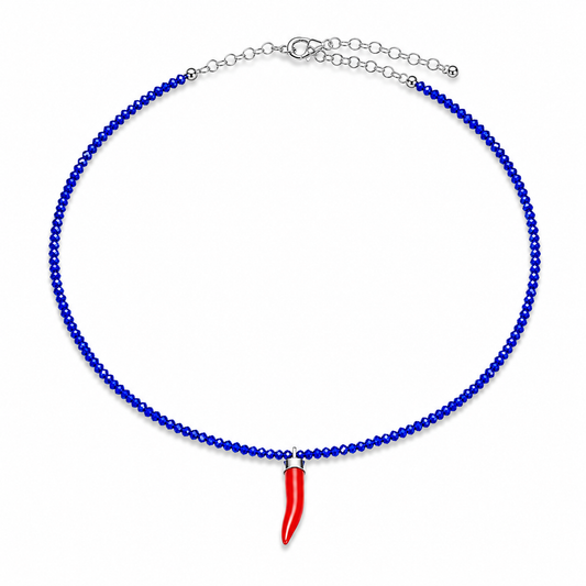 Collana con Cristalli di Lapis Blu Faccetta in Argento 925 con  Cornetto Portafortuna di Corallo rosso