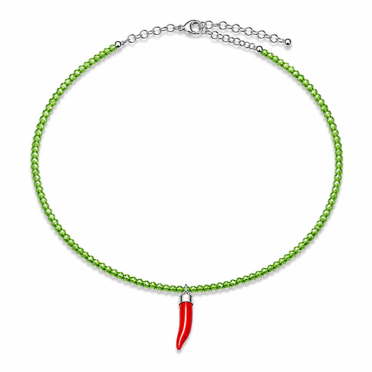 Collana con Cristalli Verde Faccetta in Argento 925 con  Cornetto Portafortuna di Corallo rosso