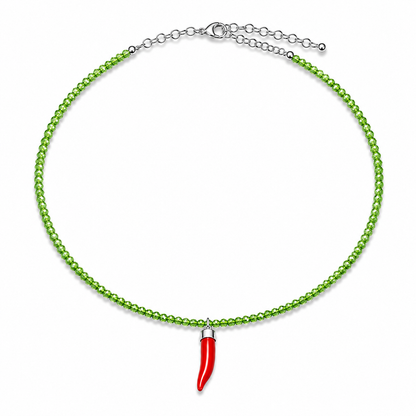 Collana con Cristalli Verde Faccetta in Argento 925 con  Cornetto Portafortuna di Corallo rosso