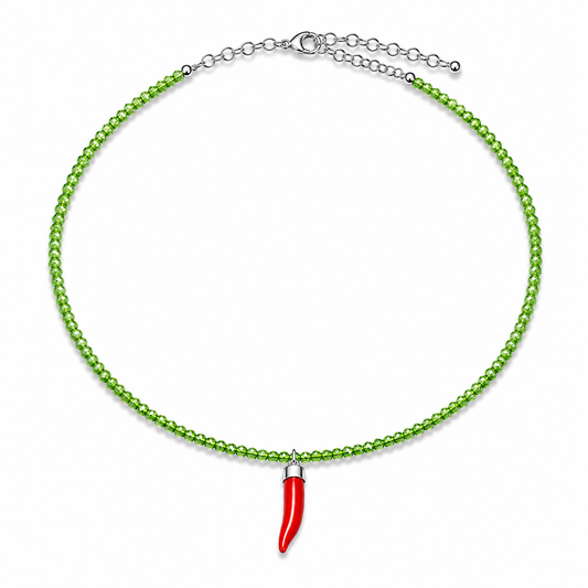 Collana con Cristalli Verde Faccetta in Argento 925 con  Cornetto Portafortuna di Corallo rosso