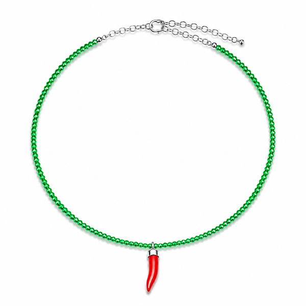 Collana con Cristalli di Giada Faccetta in Argento 925 con  Cornetto Portafortuna di Corallo rosso