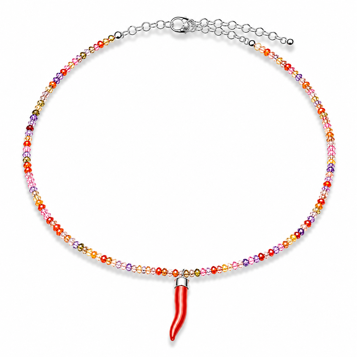 Collana con Cristalli di Zircone Multicolor Faccetta in Argento 925 con  Cornetto Portafortuna di Corallo rosso