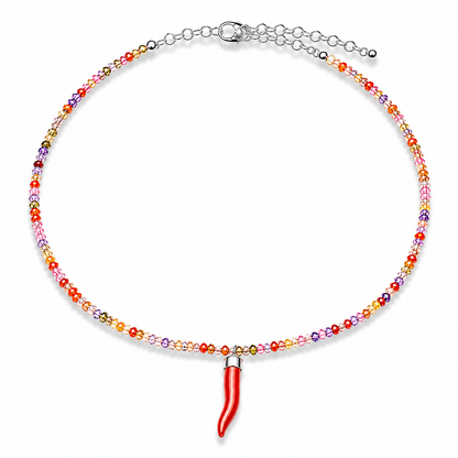 Collana con Cristalli di Zircone Multicolor Faccetta in Argento 925 con  Cornetto Portafortuna di Corallo rosso