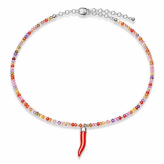 Collana con Cristalli di Zircone Multicolor Faccetta in Argento 925 con  Cornetto Portafortuna di Corallo rosso
