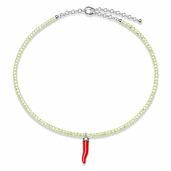 Collana con Cristalli di Zircone Lemon  in Argento 925 con  Cornetto Portafortuna di Corallo rosso
