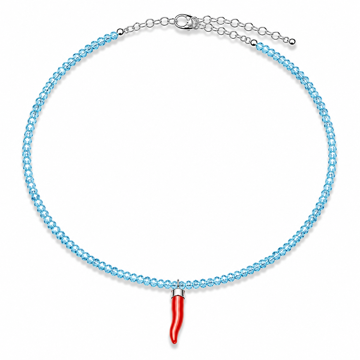 Collana con Cristalli di Topazio Blu Faccetta in Argento 925 con  Cornetto Portafortuna di Corallo rosso