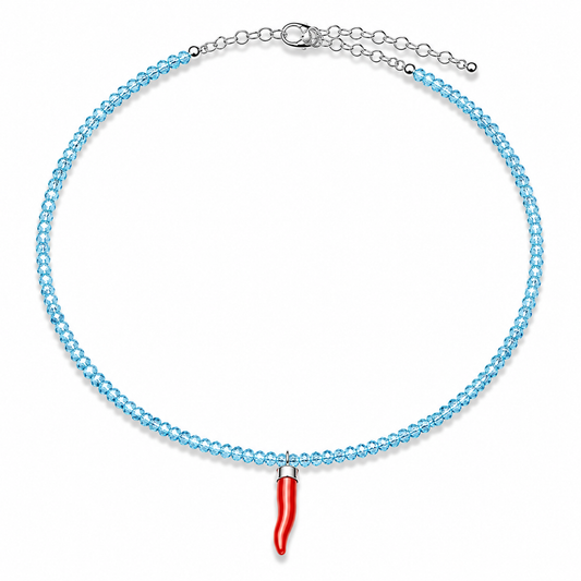 Collana con Cristalli di Topazio Blu Faccetta in Argento 925 con  Cornetto Portafortuna di Corallo rosso