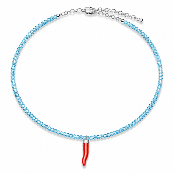 Collana con Cristalli di Topazio Blu Faccetta in Argento 925 con  Cornetto Portafortuna di Corallo rosso