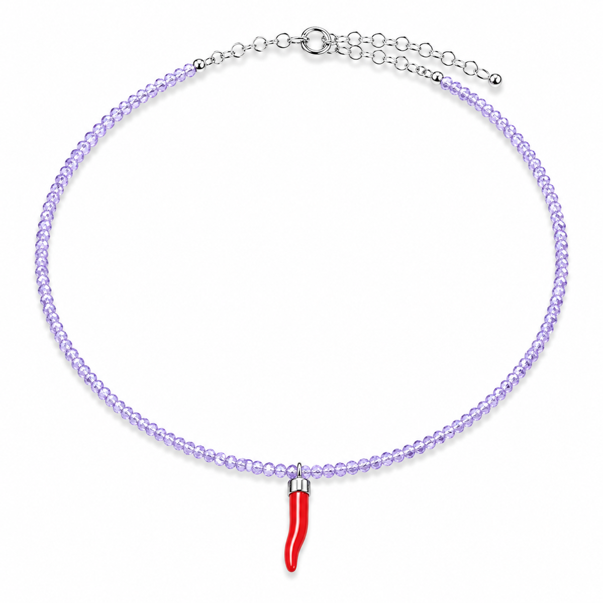 Collana con Cristalli di Zircone Lilla Lavender Faccetta in Argento 925 con  Cornetto Portafortuna di Corallo rosso