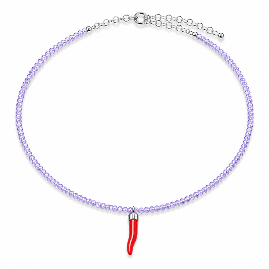 Collana con Cristalli di Zircone Lilla Lavender Faccetta in Argento 925 con  Cornetto Portafortuna di Corallo rosso