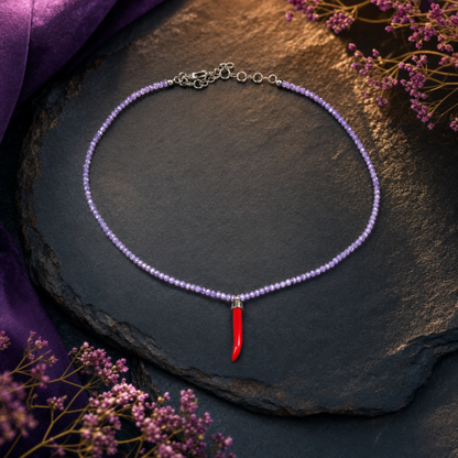Collana con Cristalli di Zircone Lilla Lavender Faccetta in Argento 925 con  Cornetto Portafortuna di Corallo rosso