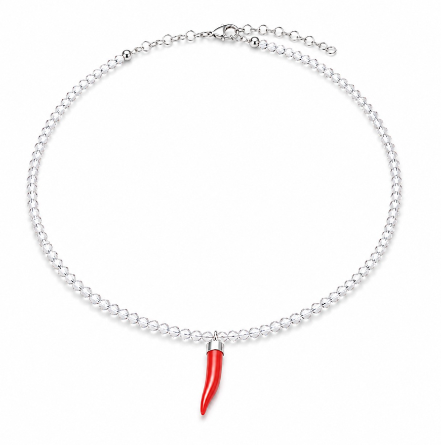 Collana con Cristalli di Zircone Trasparenti Faccetta in Argento 925 con  Cornetto Portafortuna di Corallo rosso